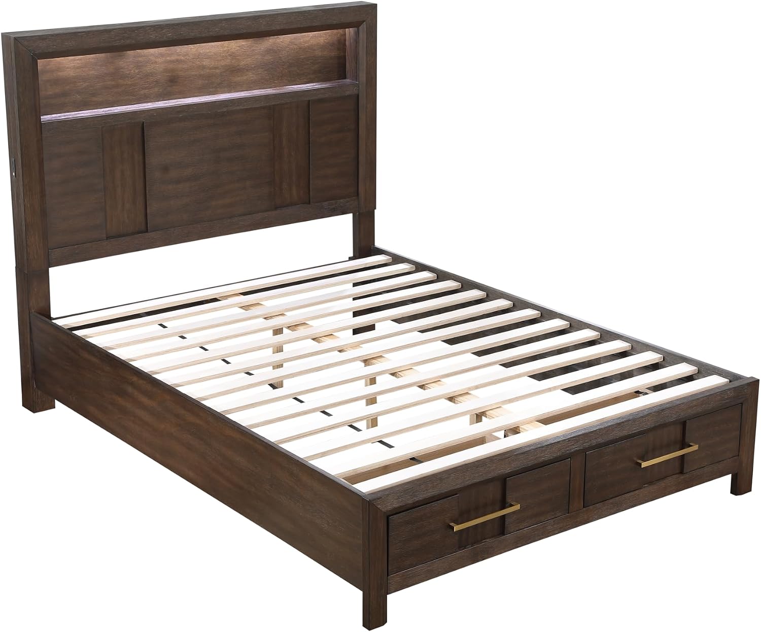 Full 4PC Storage Bedroom Set Made with Wood, LED Headboard, Speakers USB Ports Walnut