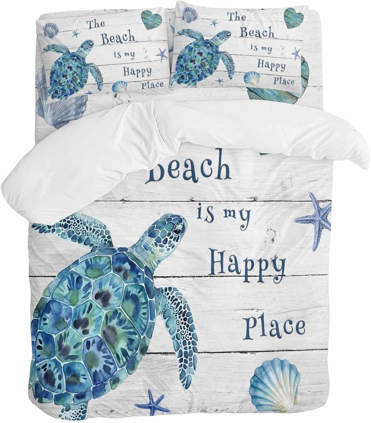 Blue Sea Turtle Duvet Cover Set Queen Size 4 Pieces Beach Happy Place Seashell Starfish Retro Wood Grain Bedding Set with Zipper Closure, 1 Comforter Cover 92x106 Inches 1 Flat Sheet & 2 Pillow Cases
