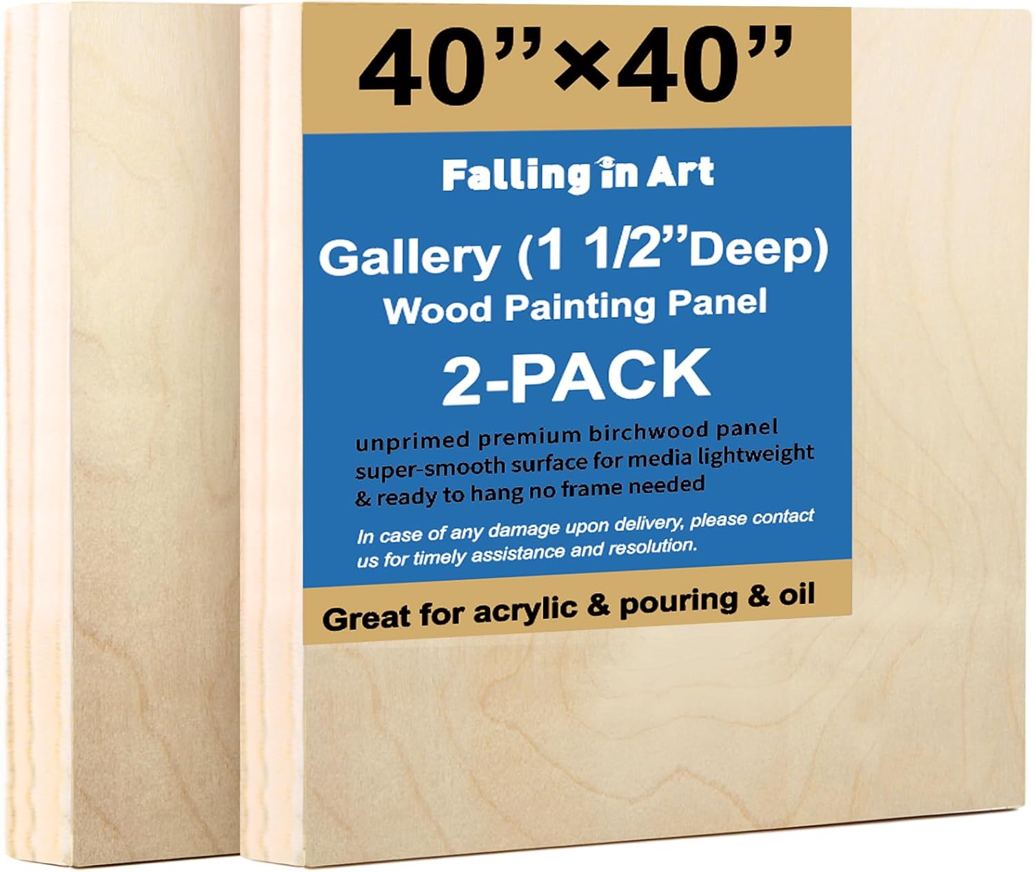 2 Pack Unfinished Wooden Canvas Panels, 40x40 Gallery Birch Wood Panels Kit, 1 1/2' Deep Art Cradle Boards for Acrylic Painting, Pouring and Burning
