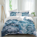 Dark Blue Ocean Scenery Duvet Cover Set Queen Size 4 Pieces Ombre Sea Waves Natural Modern Art Bedding Set with Zipper Closure, 1 Comforter Cover 92x106 Inches 1 Flat Sheet & 2 Pillow Cases