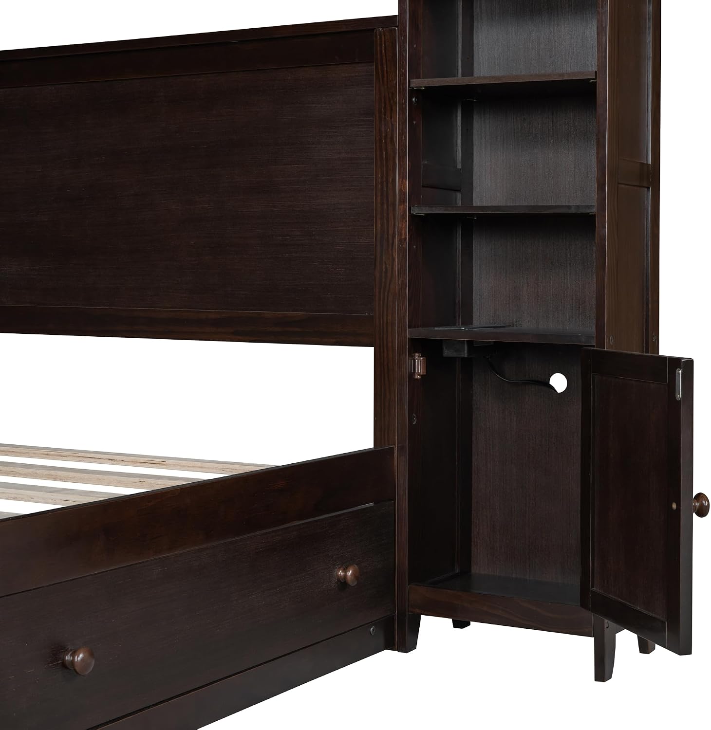 Merax Queen Size Wooden Bed with All-in-One Cabinet, Espresso Platform Bed Frame with 4 Drawers, Shelf and Sockets