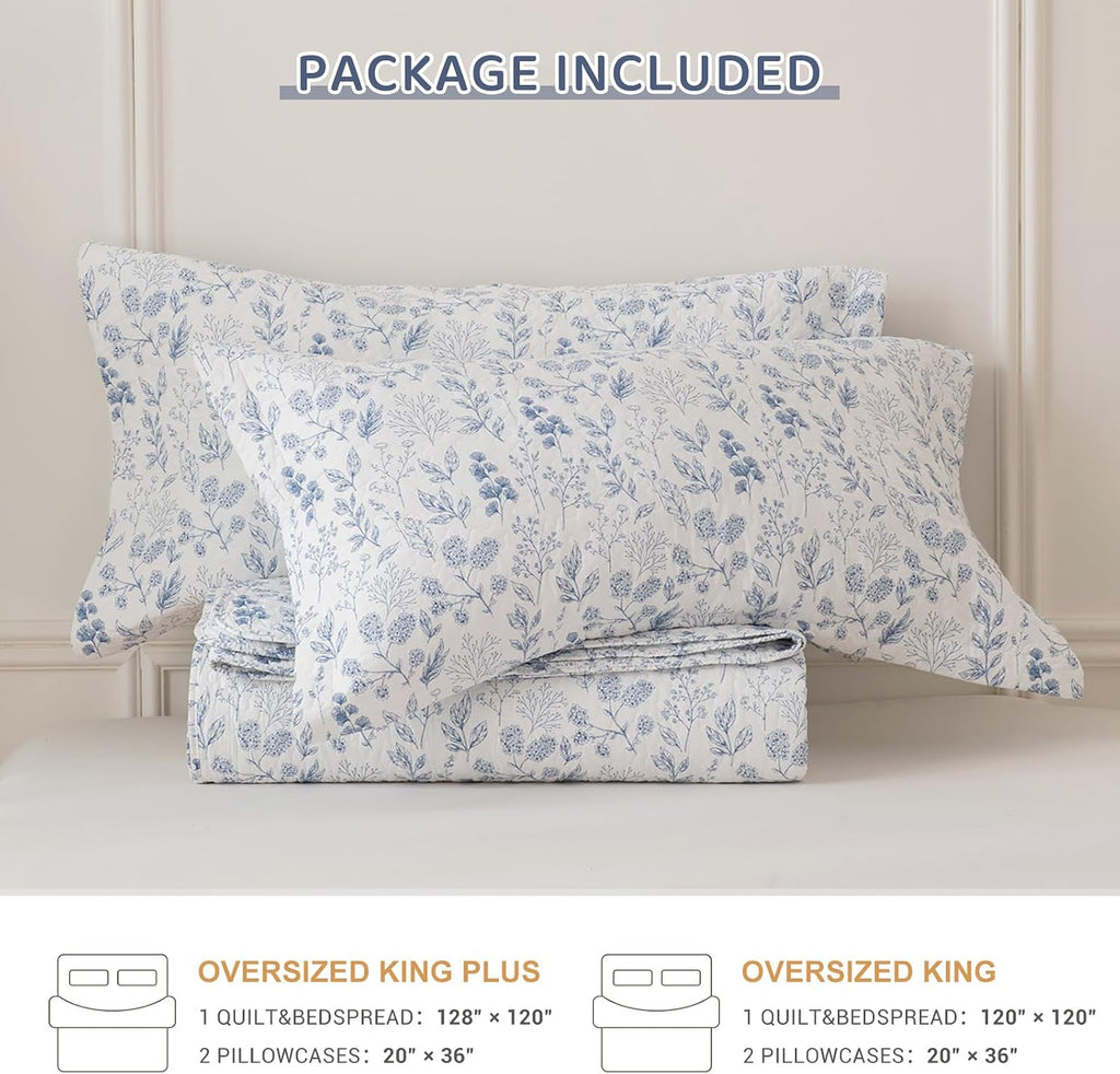 Sanracie Oversized King Bedspread 120'x120', 100% Cotton White and Blue Floral Quilted Bedspread Set 3Pcs Soft Breathable Shabby French Country Chic Vintage Garden Floral Bedding Set for All Season