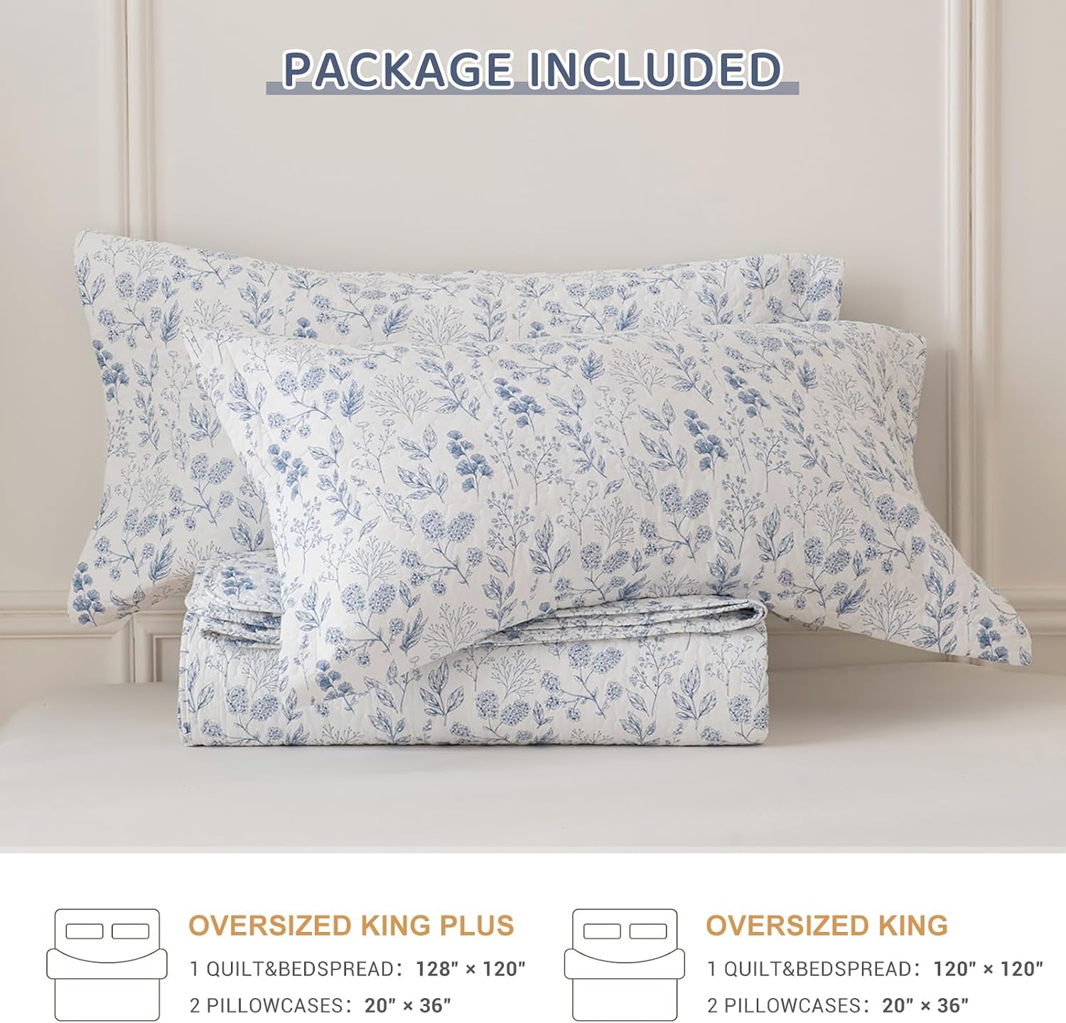 Sanracie Oversized King Bedspread 120'x120', 100% Cotton White and Blue Floral Quilted Bedspread Set 3Pcs Soft Breathable Shabby French Country Chic Vintage Garden Floral Bedding Set for All Season