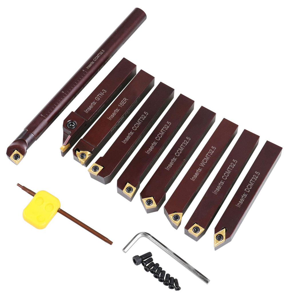 Accusize Industrial Tools 5/8' Shank 9-Piece Indexable Turning & Boring Tool Set, TiN-Coated C6 Inserts for Steel, 2988-0058