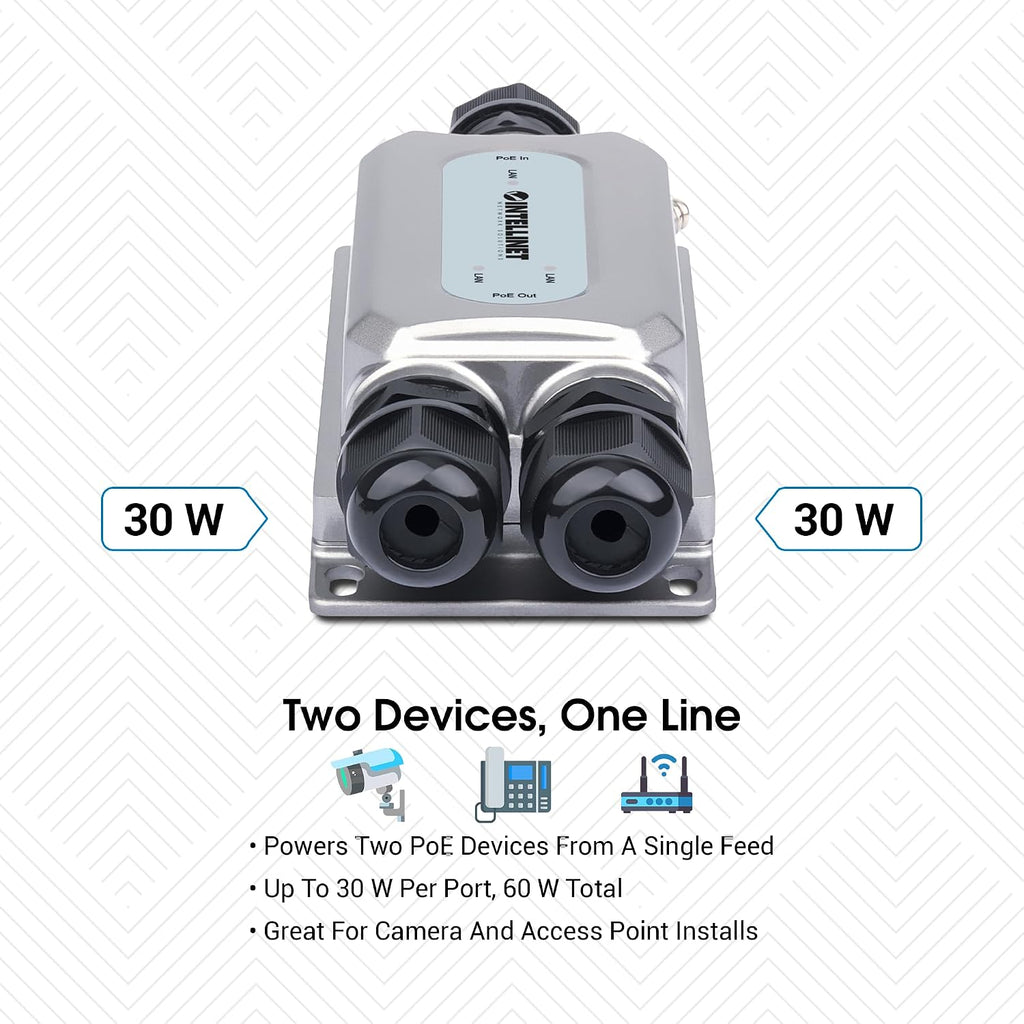 Intellinet 2-Port Gigabit PoE++ Extender Outdoor, 60W Power Budget, 30W Out Per Port, IP67 & IK10, Ultra POE Passthrough Switch-3 Yr Mfg Warranty
