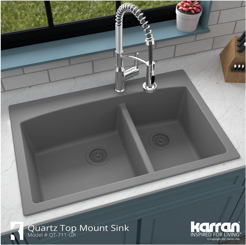 Karran 33-Inch Quartz Composite Drop-In 60/40 Low-Divide Double Bowl Kitchen Sink, Top-Mount, White, Heat & Scratch Resistant, Pre-Drilled Faucet Hole
