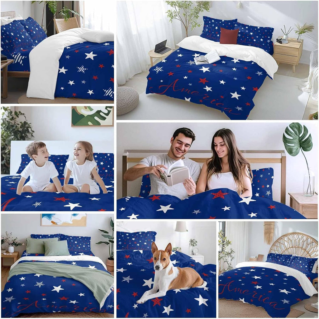 Independence Day Duvet Cover Set Queen Size 4 Pieces Blue White Pentagram America Blue Background Bedding Set with Zipper Closure, 1 Comforter Cover 92x106 Inches 1 Flat Sheet & 2 Pillow Cases