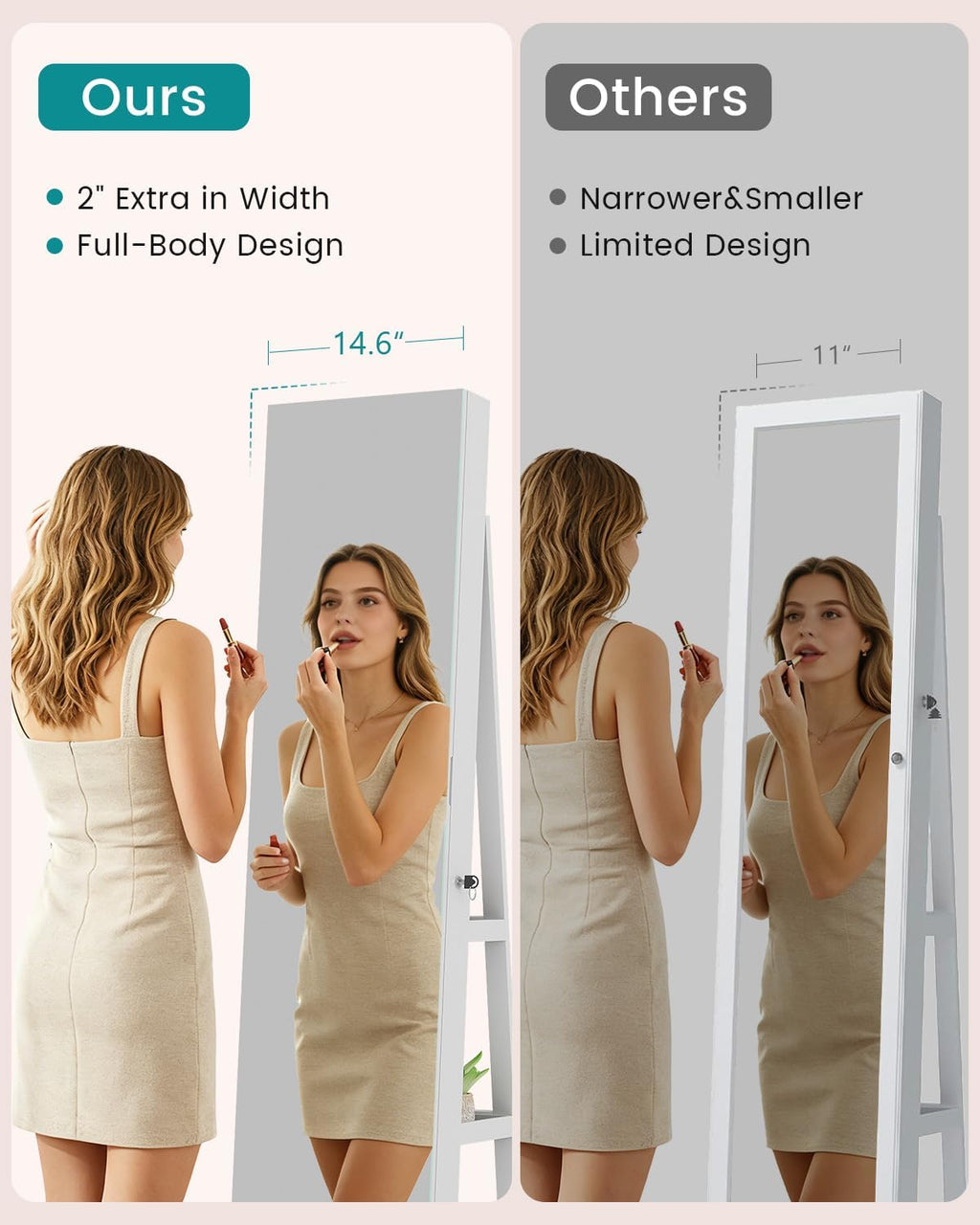 Vlsrka LED Mirror Jewelry Cabinet, Lockable Jewelry Armoire Cabinet Standing, Rotatable Full Length Mirror with Storage, Interior Mirror, Foldable Makeup Shelf, Beige Lining, White