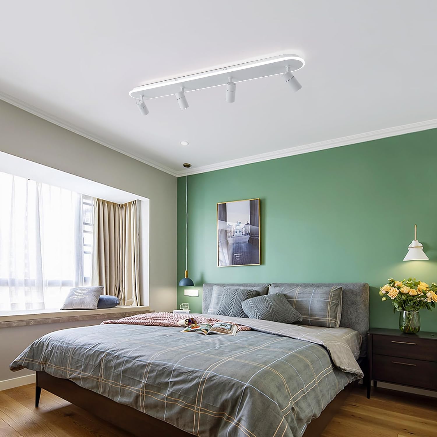 Jaycomey Modern LED Ceiling Light with 4 Spotlights, Dimmable 58W Linear Ceiling Lamp Fixture with Remote, 43.3in Upgraded Flush Mount Ceiling Chandelier Lighting for Bedroom Closet Hallway (White)