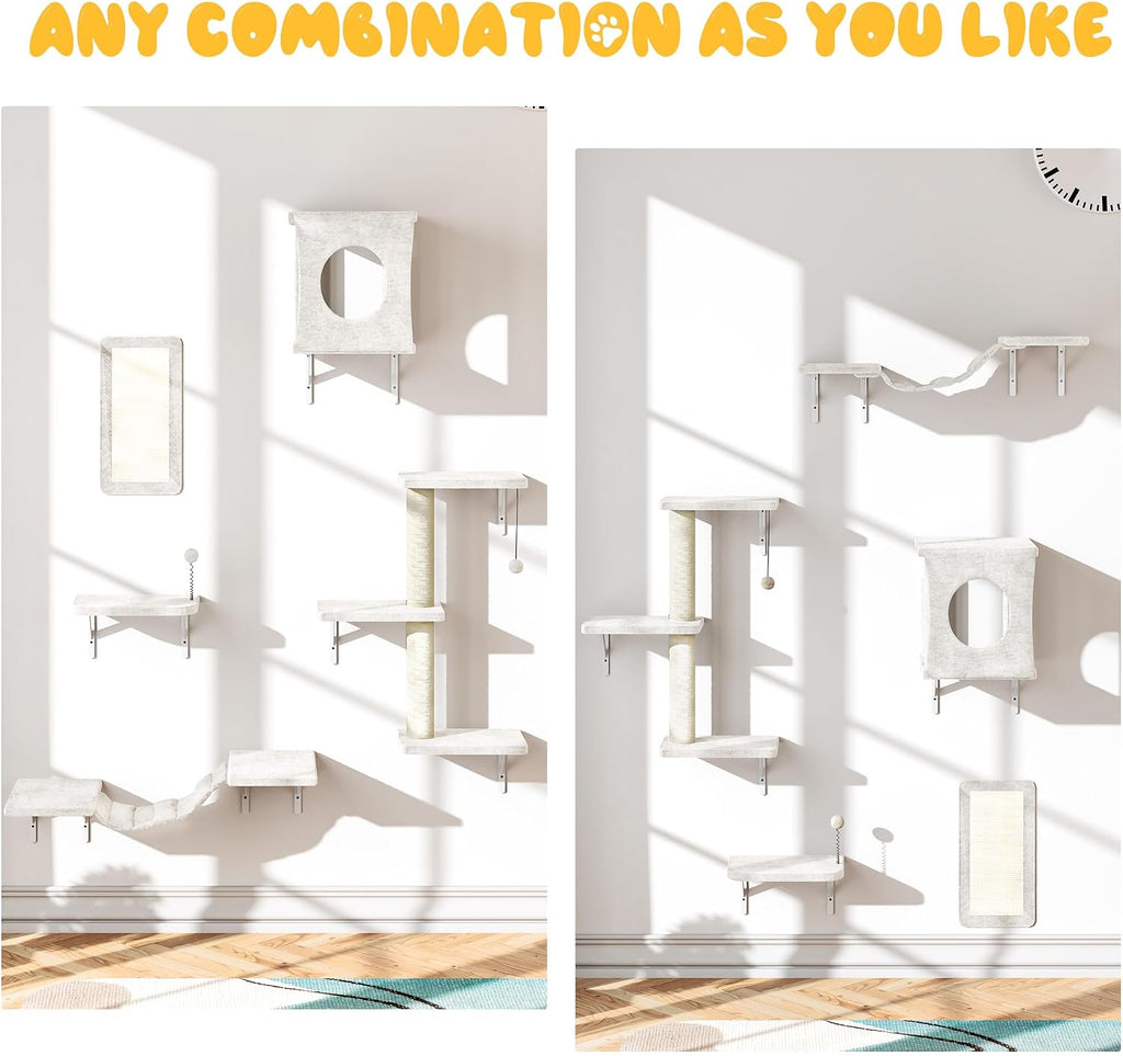 NUNU LAB Cat Wall Shelves, 10-in-1 Wall-Mounted Cat Furniture Set, Large Cat Climber Set with House, Bridge, Steps, Scratcher, DIY Playground, Shelves for Indoor Wall Furniture Set, Beige