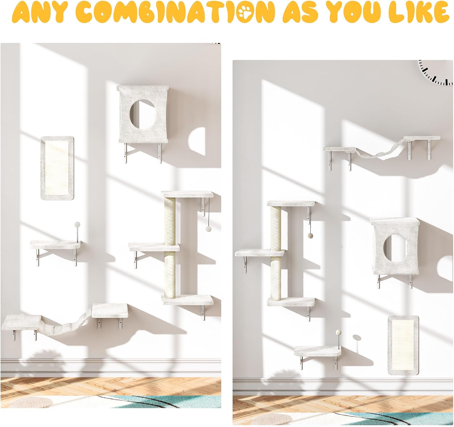 NUNU LAB Cat Wall Shelves, 10-in-1 Wall-Mounted Cat Furniture Set, Large Cat Climber Set with House, Bridge, Steps, Scratcher, DIY Playground, Shelves for Indoor Wall Furniture Set, Beige