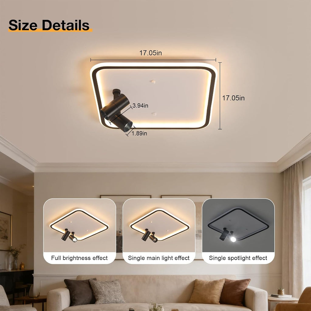 Shine LUEST Modern Square LED Flush Mount Ceiling Light Fixture, 2 Adjustable Spotlights, Black Frame White Shade Minimalist Lighting for Living Room Bedroom Kitchen