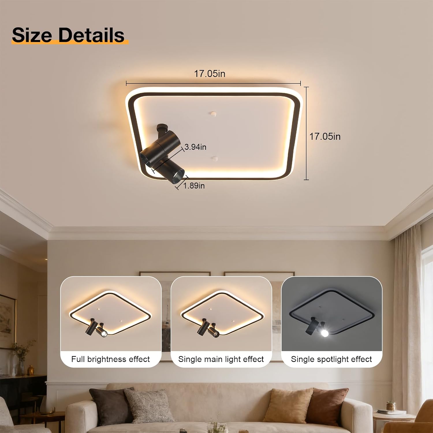 Shine LUEST Modern Square LED Flush Mount Ceiling Light Fixture, 2 Adjustable Spotlights, Black Frame White Shade Minimalist Lighting for Living Room Bedroom Kitchen