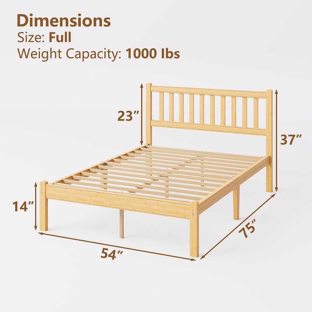 14 in High Solid Bamboo Wood Full Bed Frame with Headboard, Platform Full Size Bed Frame, Heavy Duty, No Box Spring Needed, Nosie Free