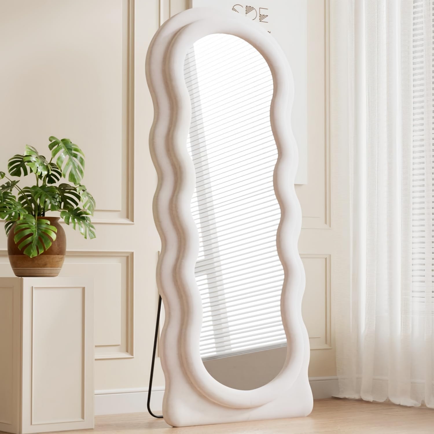 Dewfig Full Length Mirror, 63' x 24'Irregular Wavy Mirror, Large Floor Length Mirrors Wall Mounted, Standing Wavy Mirrors with Flannel Wrapped Wooden Frame for Bedroom/Living Room, White
