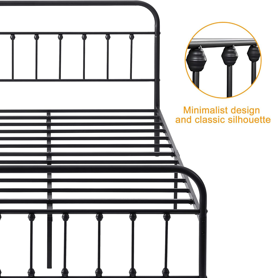 VECELO Full Size Victorian Style Metal Bed Frame with Headboard Classic Metal Platform Bed Frame Mattress Foundation with Footboard/Under Bed Storage/No Box Spring Black