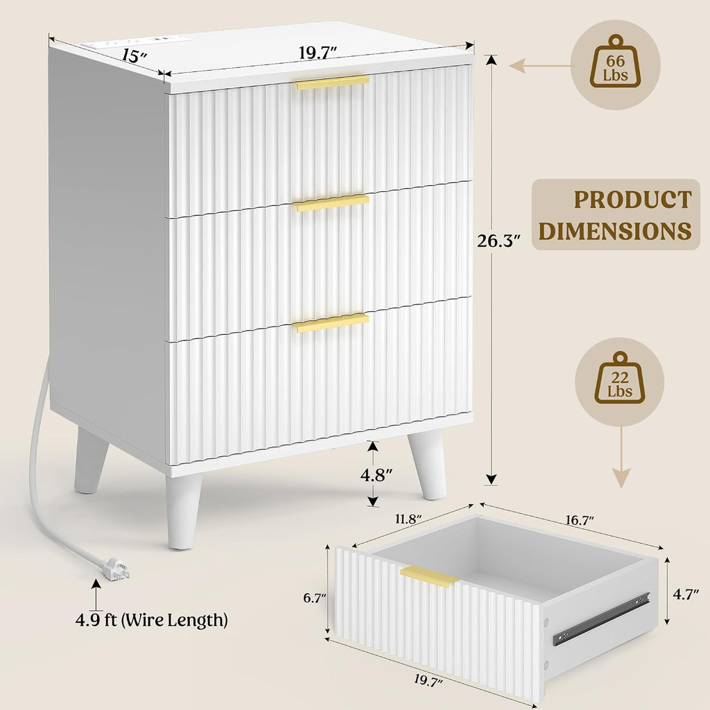 Lulive Modern Dresser and Nightstand Sets 3-Piece, 6-Drawer Dresser + 2 White Night Stands with Charging Station Bedroom Sets Solid Wood Legs (White)
