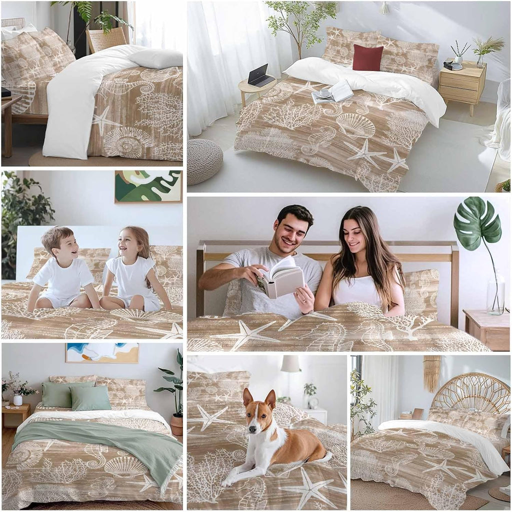 Prime Leader Brown Coastal Duvet Cover Set Queen Size 4 Pieces Nautical Starfish Seahorse Coral Summer Bedding Set with Zipper Closure, 1 Comforter Cover 92x106 Inches 1 Flat Sheet & 2 Pillow Cases