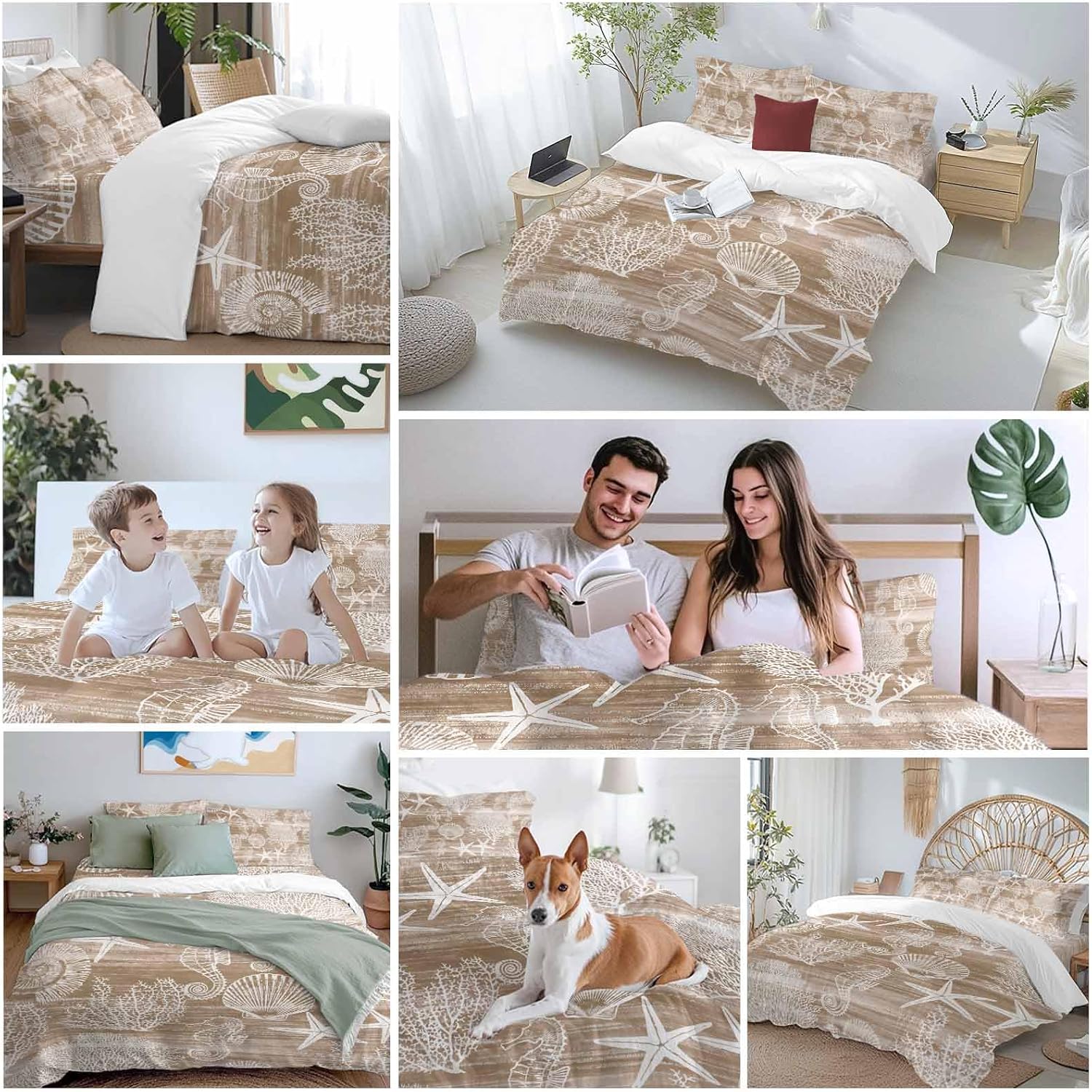 Prime Leader Brown Coastal Duvet Cover Set Queen Size 4 Pieces Nautical Starfish Seahorse Coral Summer Bedding Set with Zipper Closure, 1 Comforter Cover 92x106 Inches 1 Flat Sheet & 2 Pillow Cases