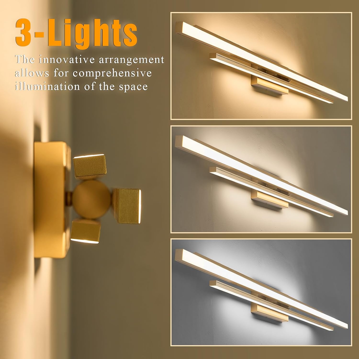 VitaLink 48' Gold LED Bathroom Light Fixtures Long Vanity Lights Over Mirror Lighting Lamps Wall Mount Lighting Over Vanity Picture Indoor 5CCT(3000K/3800K/4500K/5200K/6000K)