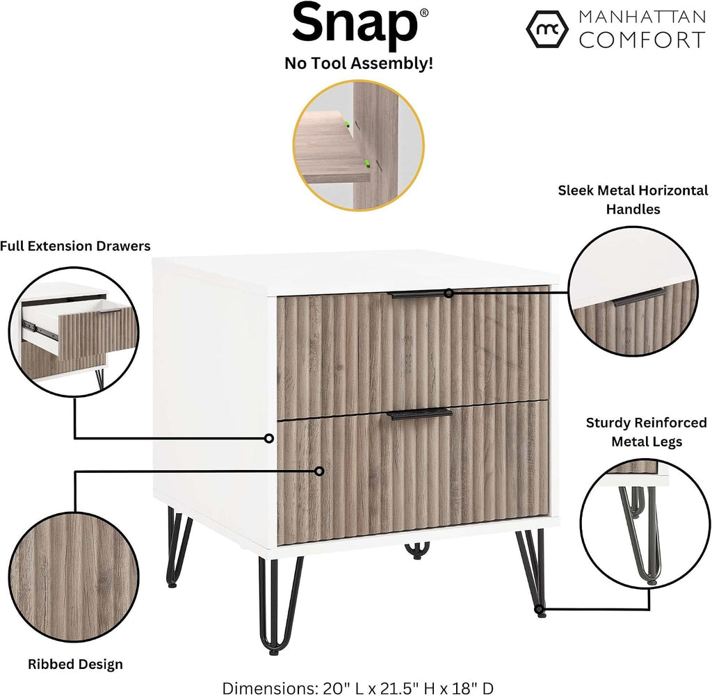 Manhattan Comfort Dumbo Fluted Nightstand with 2 Drawers, Gold Metal Legs and Metal Handles, Tool-Free Assembly Modern Bedside Accent Table with Storage for Bedroom, Living Room in White & Rustic Grey