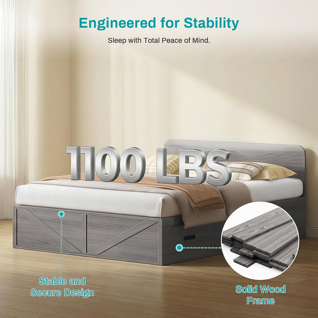 BALUS Murphy Cabinet Bed with Memory Foam Mattress Included, Queen Size Cube Cabinet Bed with 2 Storage Drawers, 3-in-1 Convertible Sofa Furniture Sets for Guest Room Apartment Living Room, Grey