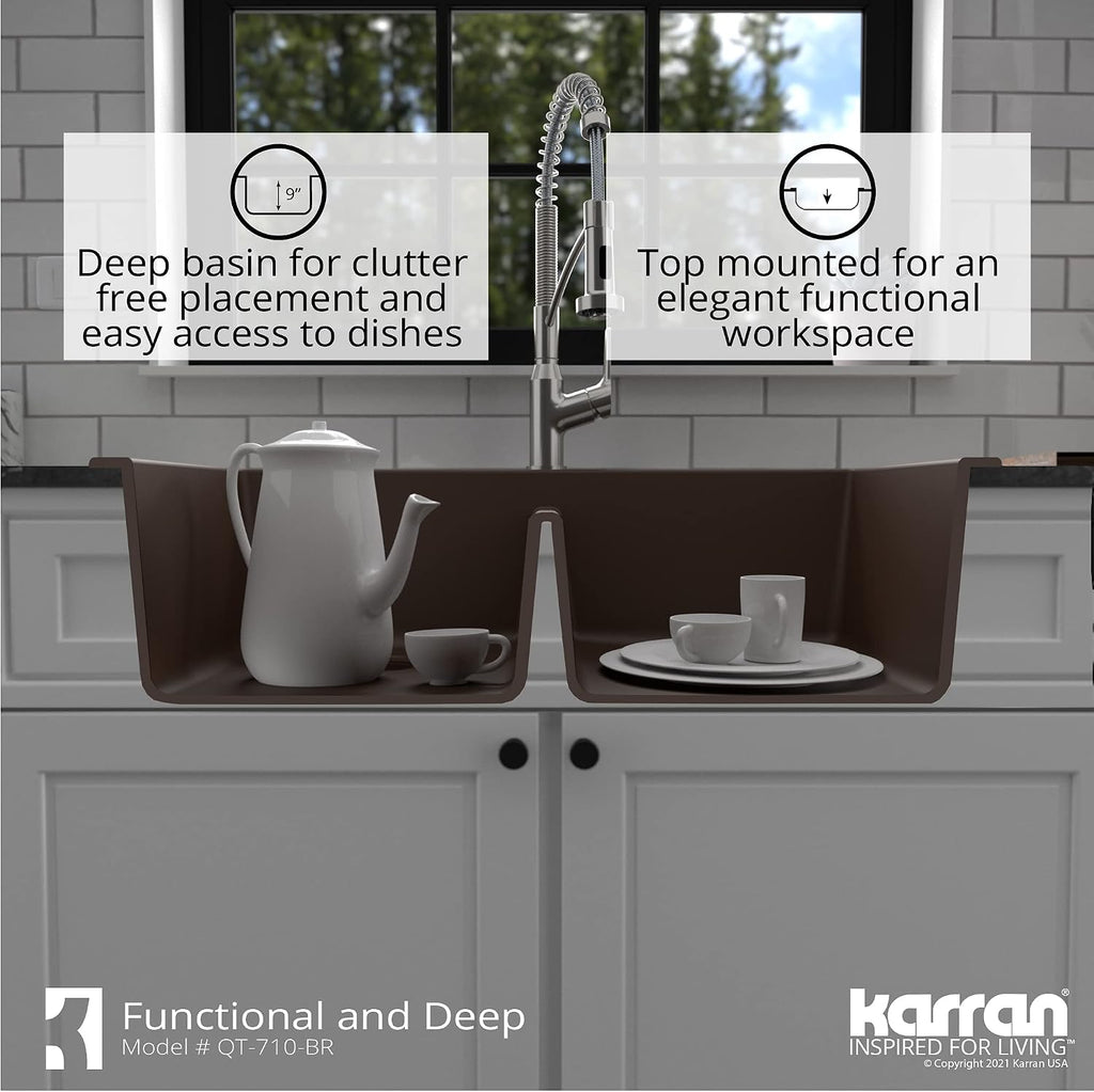 Karran QT-710 33 Inch Top Mount Double Bowl Kitchen Sink, 50/50 Low Divide Quartz Composite Drop-In Sink, Rear Drain, Heat and Scratch Resistant, Brown