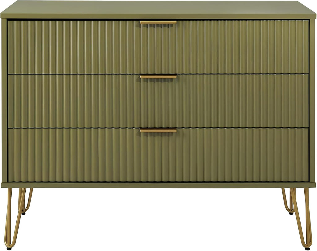 Manhattan Comfort Dumbo Modern 3 Drawer Dresser with Fluted Ribbed Front, No Tool Assembly, Hairpin Splayed Gold Metal Legs, Storage Chest, Entryway Cabinet for Bedroom, Living Room in Olive Green