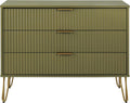Manhattan Comfort Dumbo Modern 3 Drawer Dresser with Fluted Ribbed Front, No Tool Assembly, Hairpin Splayed Gold Metal Legs, Storage Chest, Entryway Cabinet for Bedroom, Living Room in Olive Green