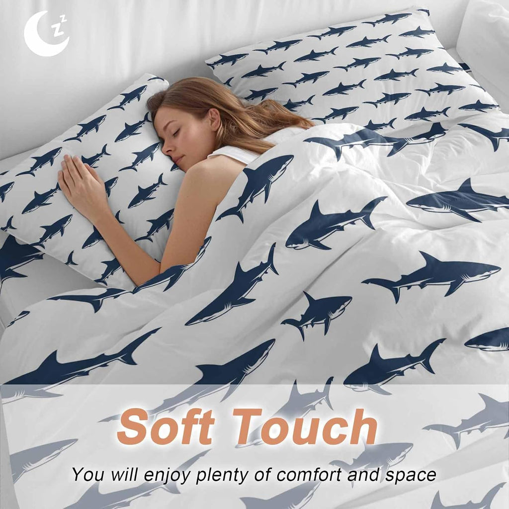 Prime Leader Abstract Sharks Duvet Cover Set Queen Size 4 Pieces Navy Blue Fish Simple Style Ocean Life Bedding Set with Zipper Closure, 1 Comforter Cover 92x106 Inches 1 Flat Sheet & 2 Pillow Cases