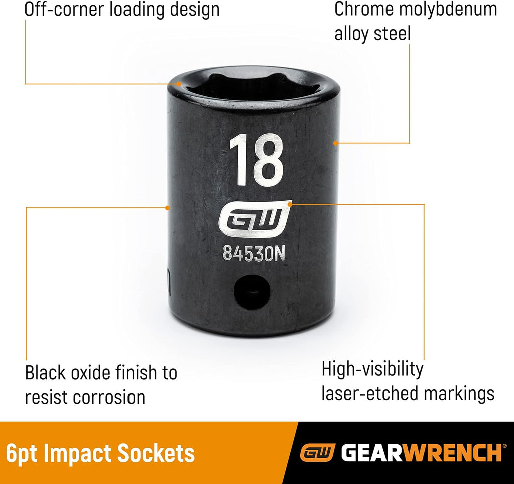 GEARWRENCH 19 Pc. 1/2' Drive 6 Pt. Standard Impact Socket Set, SAE - 84932N (Pack of 3)