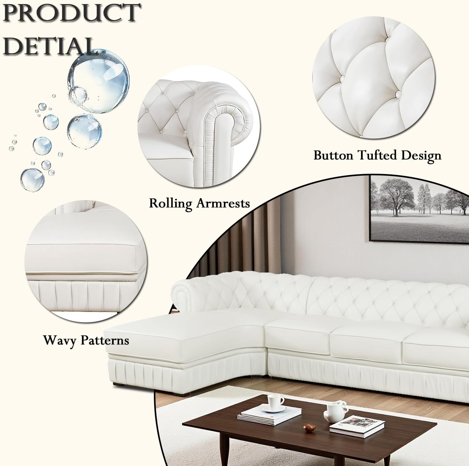 Genuine Leather Sectional Couch, L Shape Sofa with 5 Seaters for Living Room Furniture Set, Chesterfield Couches with Button Tufted Design for House/Lounge,Creamy