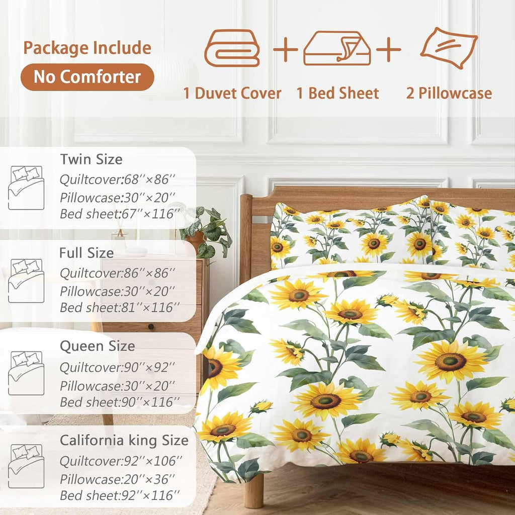 Prime Leader Summer Sunflowers Duvet Cover Set Queen Size 4 Pieces Watercolor Floral White Bedding Set with Zipper Closure, 1 Comforter Cover 92x106 Inches 1 Flat Sheet & 2 Pillow Cases