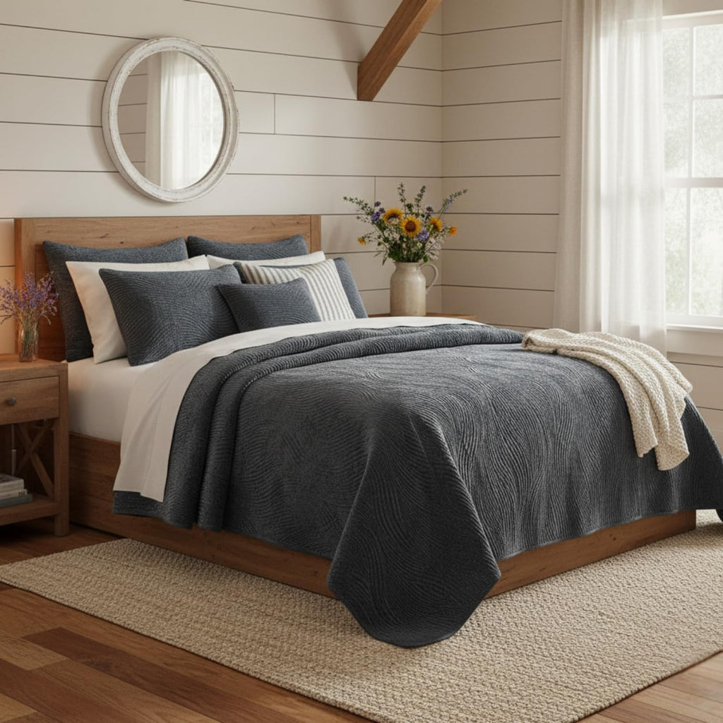 Tache Velvet Dreams Luxurious Velveteen Velour Super Soft Plush Warm Cozy Elegant Ripple Waves Stitch Quilted Coverlet Steel Navy Blue Bedspread Set, Full