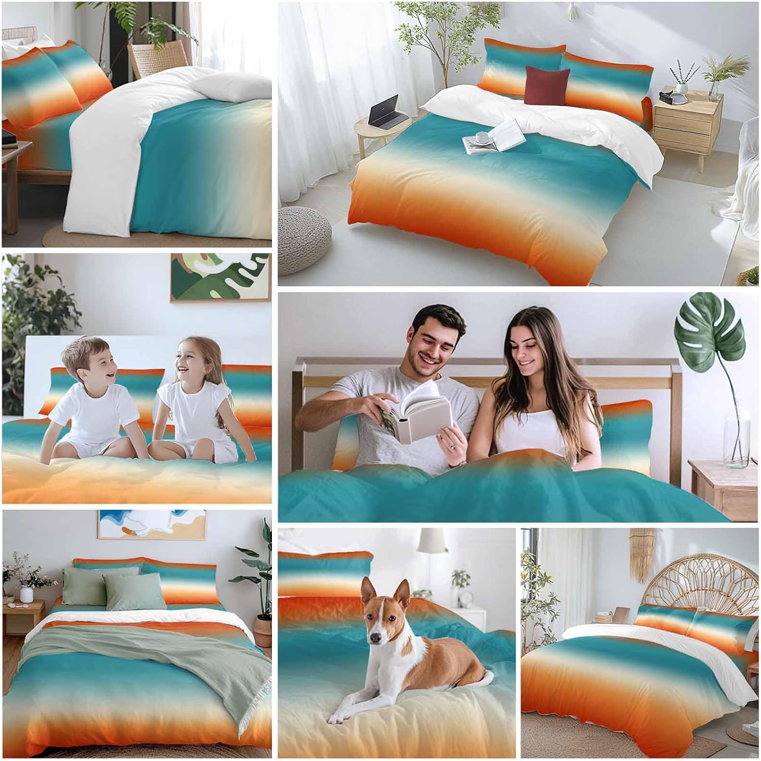 Bohemian Gradient Blue Duvet Cover Set Queen Size 4 Pieces Modern Minimalist Red Orange Ocean Beach Bedding Set with Zipper Closure, 1 Comforter Cover 86x86 Inches 1 Flat Sheet & 2 Pillow Cases