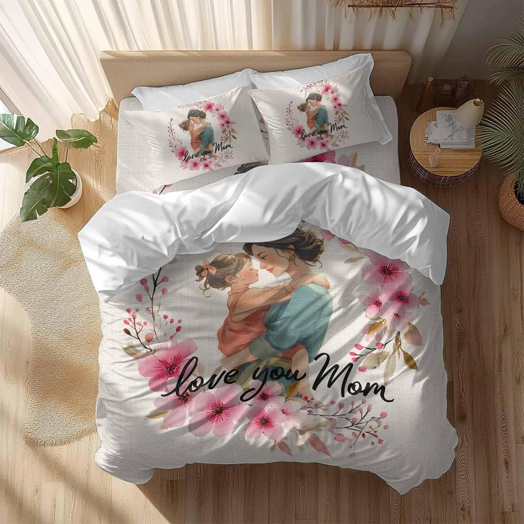 Mother's Day Duvet Cover Set Queen Size 4 Pieces Cartoon Characters Pink Flower Vintage Linen Texture Bedding Set with Zipper Closure, 1 Comforter Cover 92x106 Inches 1 Flat Sheet & 2 Pillow Cases