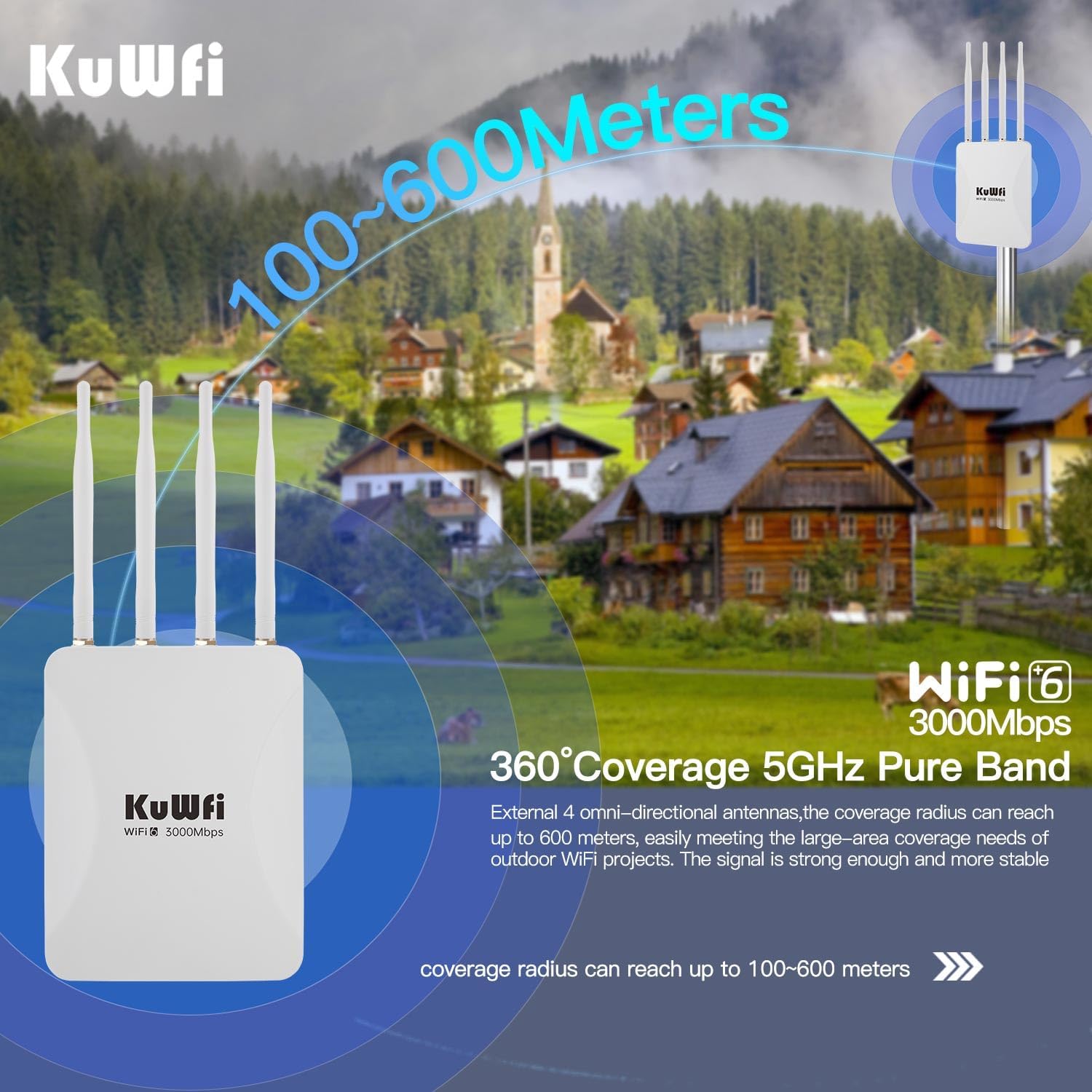 KuWFi 2.5Gbps AX3000 Outdoor WiFi 6 Extender, Long Range Outdoor WiFi Extender Signal Booster, IP65 Weatherproof Outdoor Wireless Access Point/Repeater with PoE for Farm, Yard, RV, Starlink