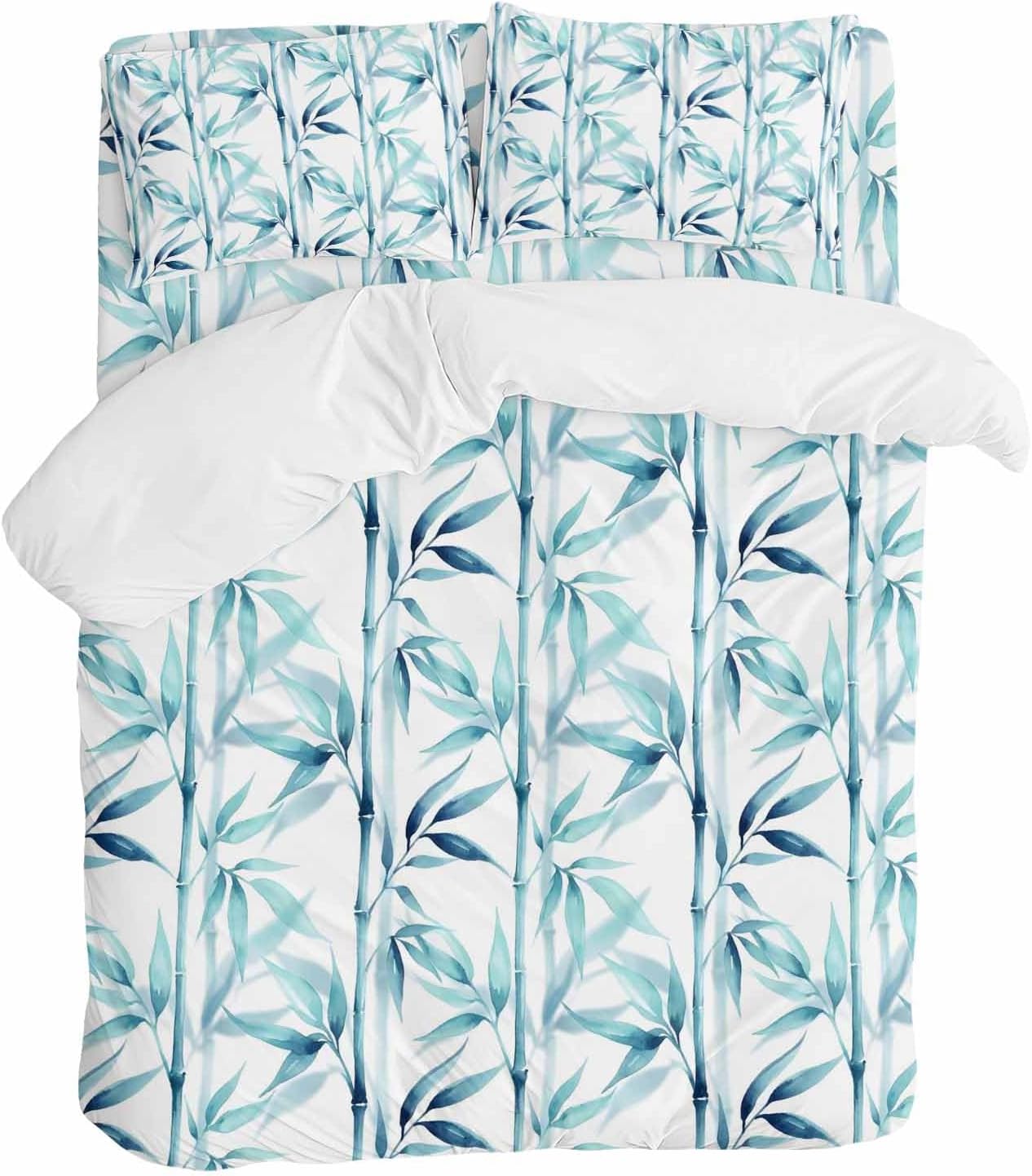 Blue Leaves Duvet Cover Set Queen Size 4 Pieces Minimalist Natural Style Ink Painting Modern Bedding Set with Zipper Closure, 1 Comforter Cover 92x106 Inches 1 Flat Sheet & 2 Pillow Cases