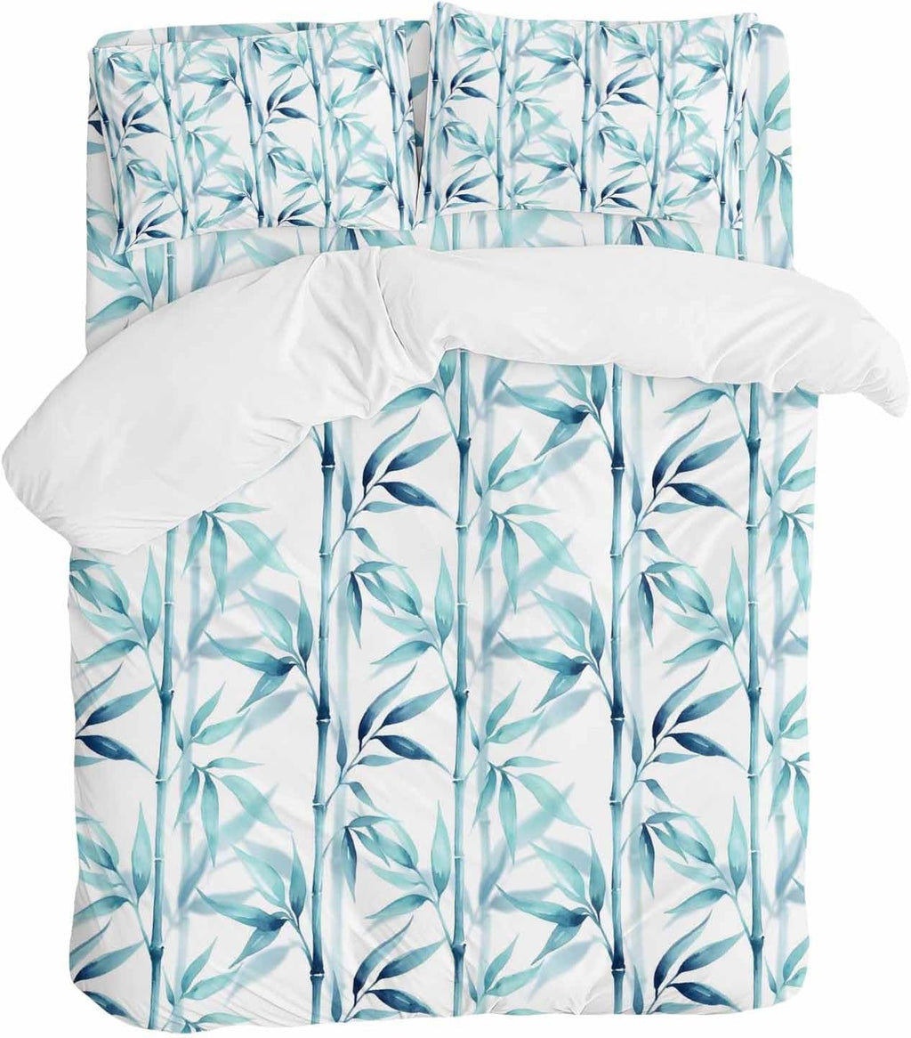 Prime Leader Blue Leaves Duvet Cover Set Queen Size 4 Pieces Minimalist Natural Style Ink Painting Modern Bedding Set with Zipper Closure, 1 Comforter Cover 90x92 Inches 1 Flat Sheet & 2 Pillow Cases