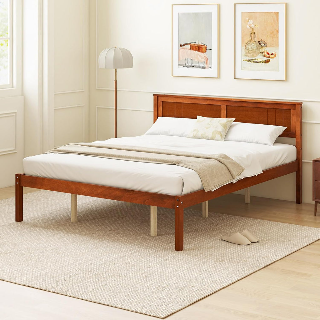 Giantex Queen Wood Platform Bed Frame with Headboard, Mid Century Queen Bed Frame with Wood Slat Support, Solid Wood Foundation with 16' Under Bed Storage, No Box Spring Needed, Easy Assembly