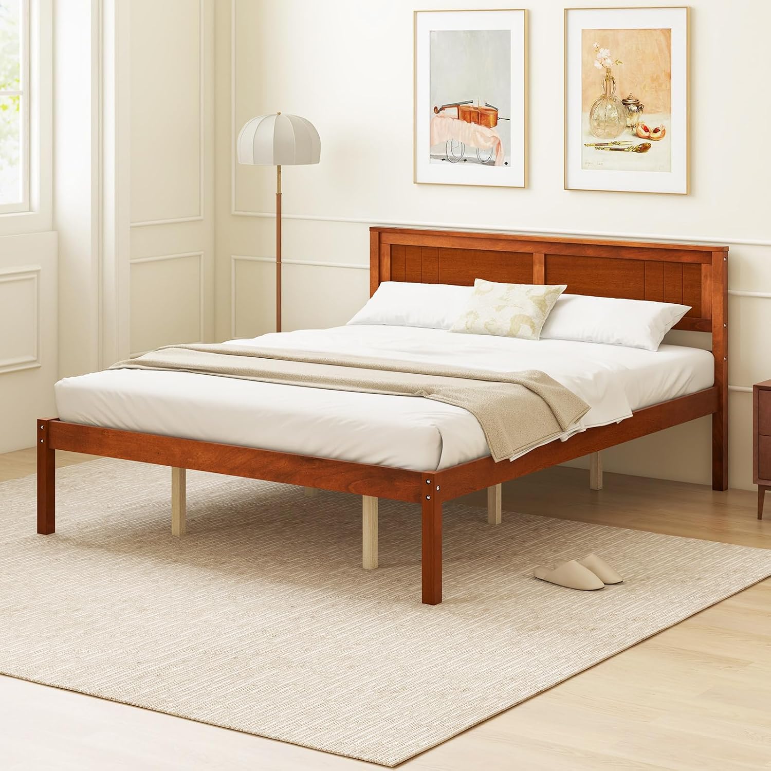 Giantex Queen Wood Platform Bed Frame with Headboard, Mid Century Queen Bed Frame with Wood Slat Support, Solid Wood Foundation with 16' Under Bed Storage, No Box Spring Needed, Easy Assembly