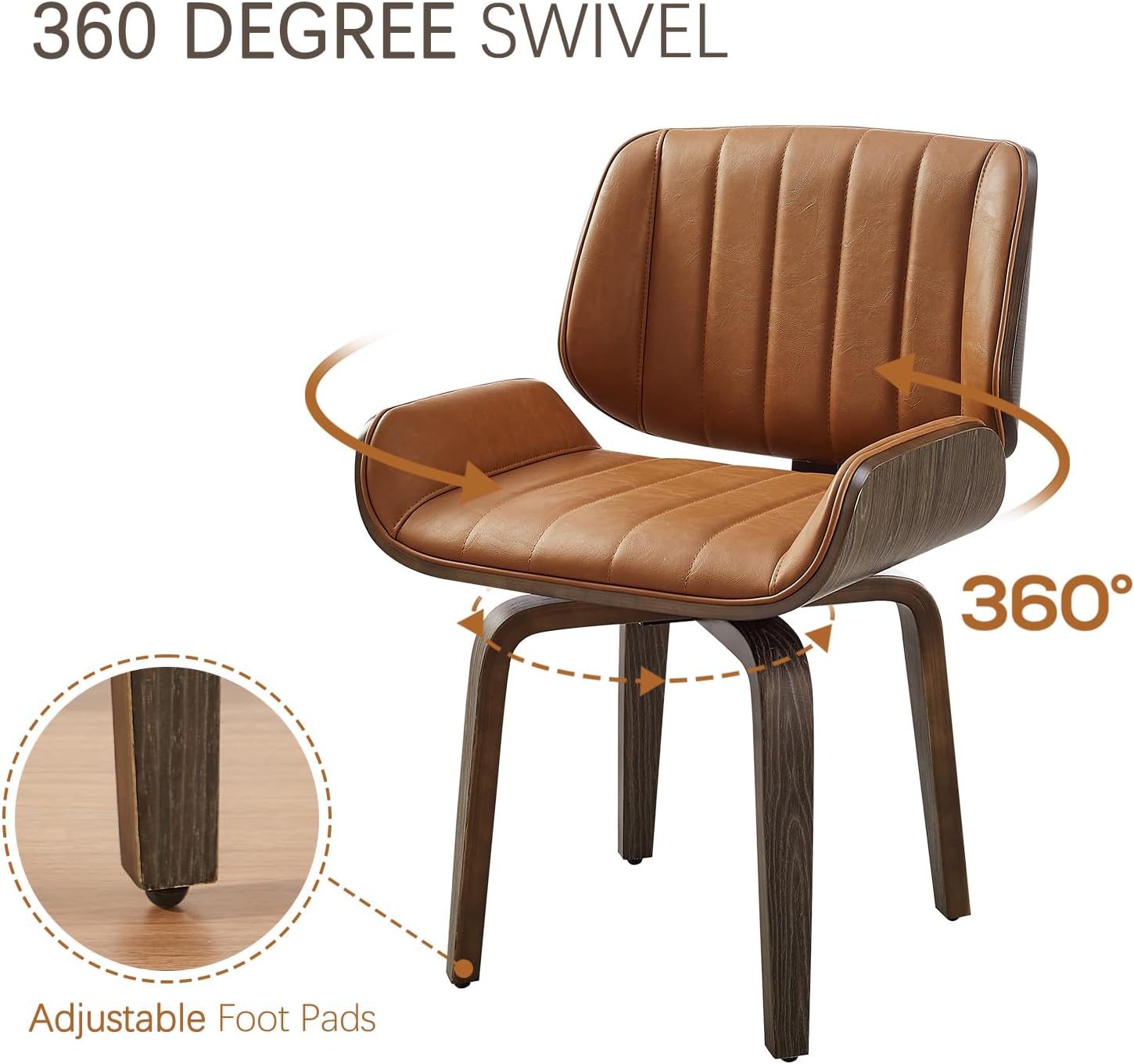 Zouron Mid Century Modern Dining Chairs Set of 2, Faux Leather Upholstered Dining Room Chairs with Black Oak Bentwood, Accent Side Chair for Small Space Living Room Bedroom, Channel Stitch, Brown