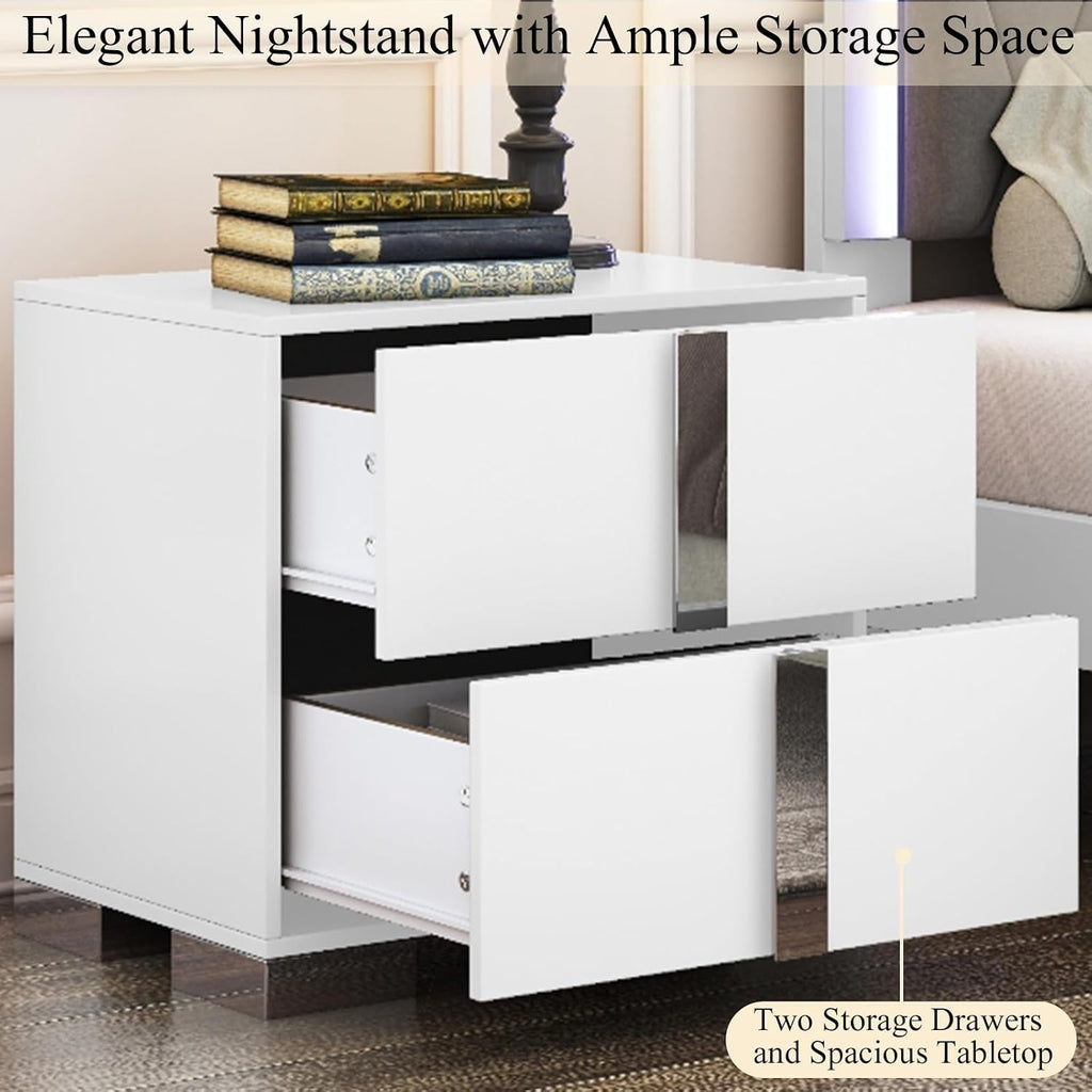 Modern White Nightstand Set of 2 for Bedroom, Elegant 2 Drawer Nightstand with Silver Mirrored Handle and Base, Wood End Table Sofa Side Table for Living Room Bedroom (White)