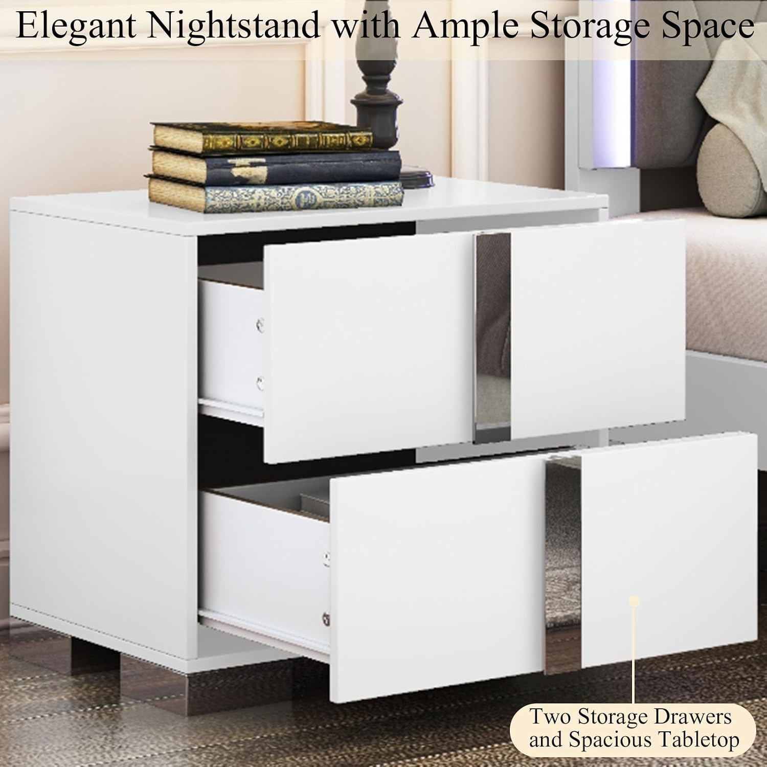Modern White Nightstand Set of 2 for Bedroom, Elegant 2 Drawer Nightstand with Silver Mirrored Handle and Base, Wood End Table Sofa Side Table for Living Room Bedroom (White)