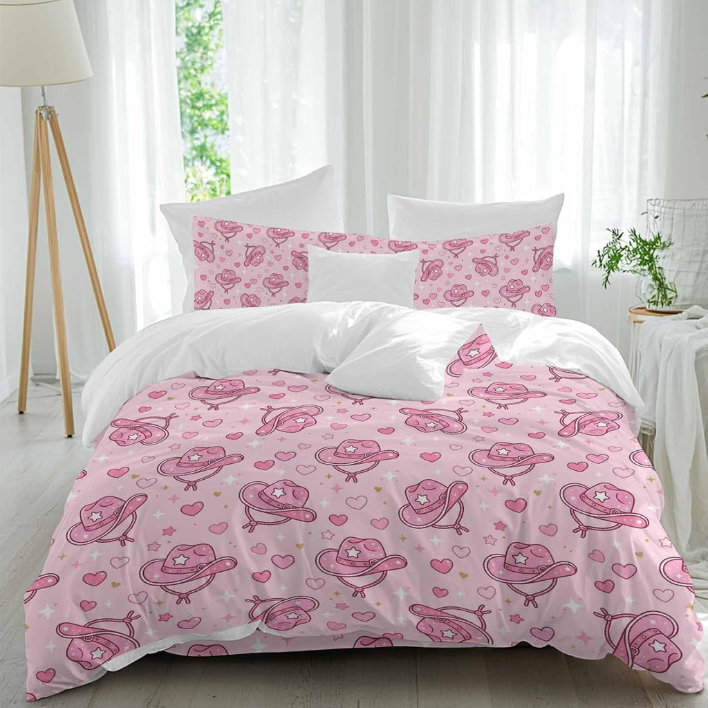 Pink Heart Cowboy Hat Duvet Cover Set Queen Size 4 Pieces Modern Minimalist Sparkling Love Star Bedding Set with Zipper Closure, 1 Comforter Cover 86x86 Inches 1 Flat Sheet & 2 Pillow Cases