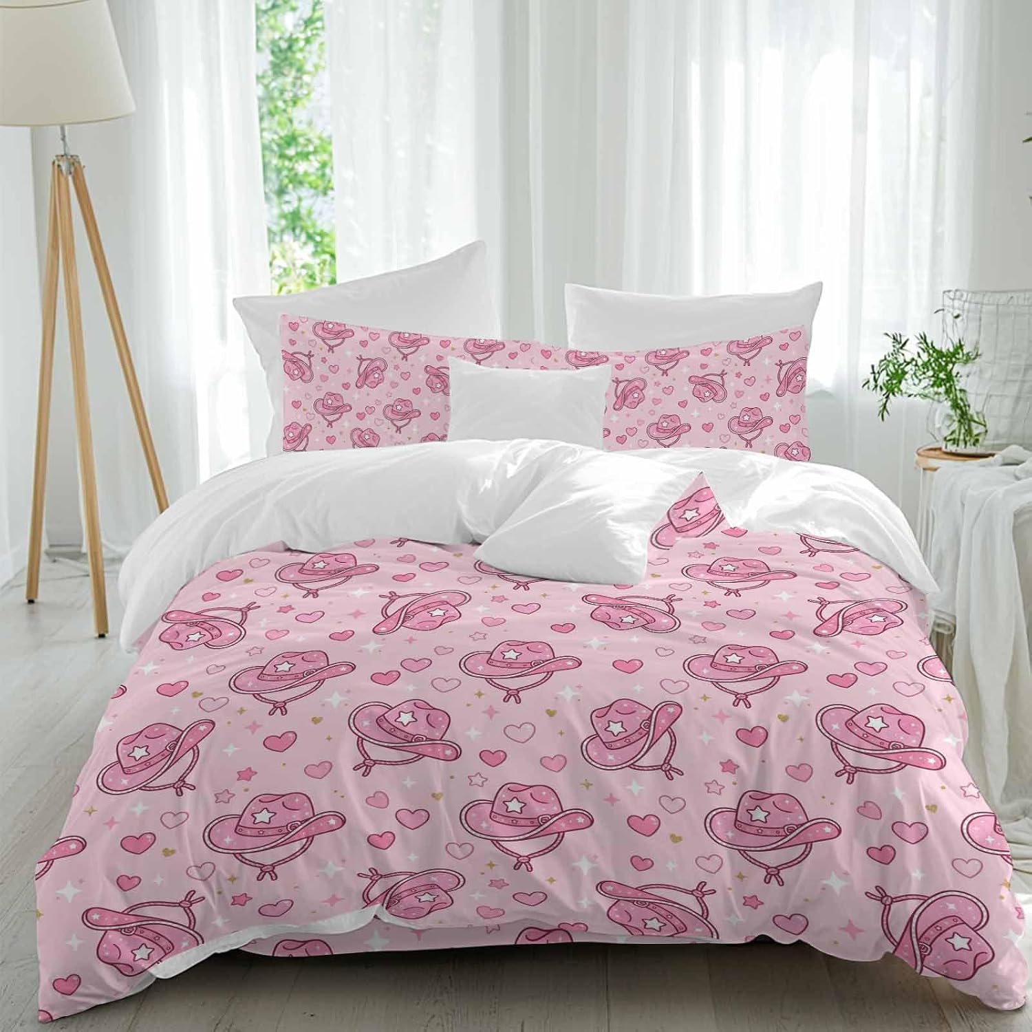 Pink Heart Cowboy Hat Duvet Cover Set Queen Size 4 Pieces Modern Minimalist Sparkling Love Star Bedding Set with Zipper Closure, 1 Comforter Cover 86x86 Inches 1 Flat Sheet & 2 Pillow Cases