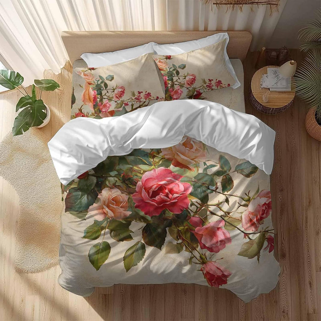 Spring Red Rose Duvet Cover Set Queen Size 4 Pieces Country Watercolor Pink Orange Floral Green Leaf Linen Bedding Set with Zipper Closure, 1 Comforter Cover 90x92 Inches 1 Flat Sheet & 2 Pillow Cases