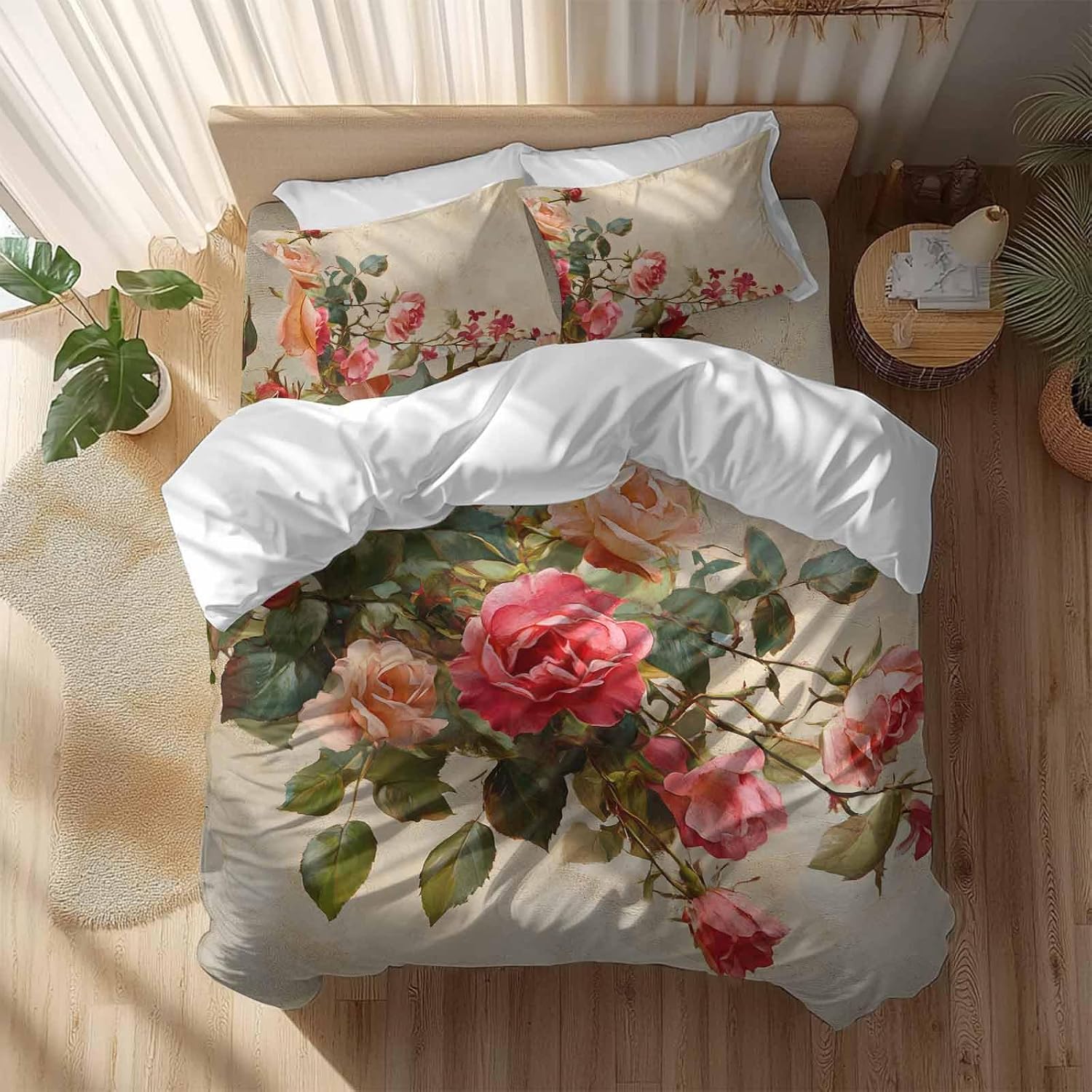 Spring Red Rose Duvet Cover Set Queen Size 4 Pieces Country Watercolor Pink Orange Floral Green Leaf Linen Bedding Set with Zipper Closure, 1 Comforter Cover 90x92 Inches 1 Flat Sheet & 2 Pillow Cases