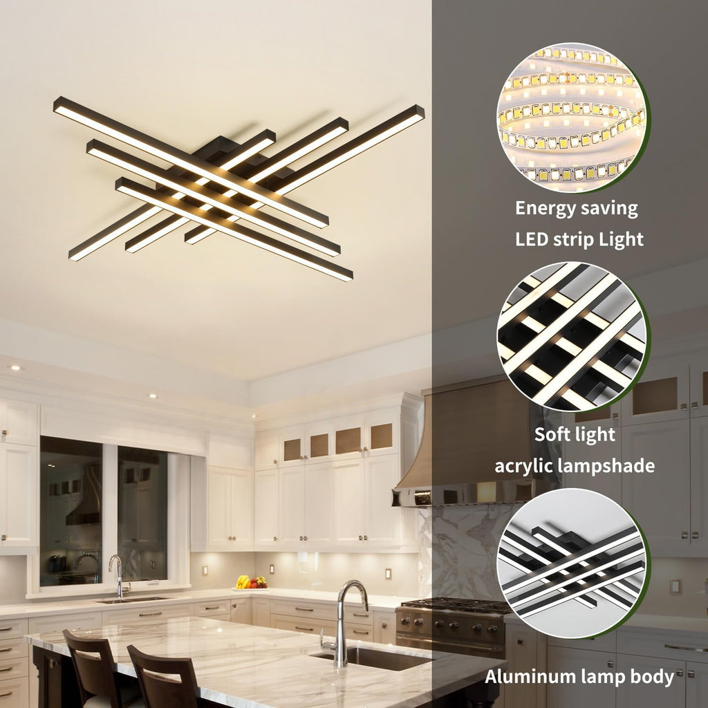 Modern LED Ceiling Lights 43.3' Black Flush Mount Ceiling Light Fixture Sputnik Dimmable Ceiling Lights with Remote Control for Bedroom Living Room Kitchen Room(6 Lights)