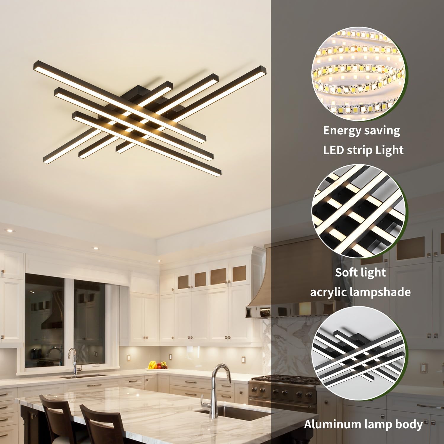 Modern LED Ceiling Lights 43.3' Black Flush Mount Ceiling Light Fixture Sputnik Dimmable Ceiling Lights with Remote Control for Bedroom Living Room Kitchen Room(6 Lights)